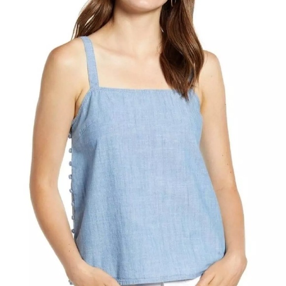 Madewell Crop Top Women's Light Blue Denim Square Neck Side Button Sleeveless - Picture 1 of 10